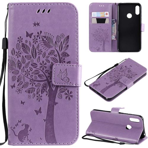 Coque Huawei Y6 2019, Etui Pochette Pu Cuir Portefeuille Housse Clapet Folio Livre Pliable Couvercle Rabattable Pour Huawei Y6 2019/Huawei Y6 Pro 2019/Honor 8a Chat-Violet