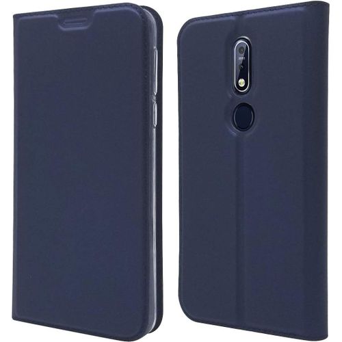 Coque Nokia 7.1, Ultra Mince Portefeuille, Emplacement Carte, Fermeture Magnétique, Clapet Folio Étui, Cuir Pu Et Tpu Bumper, Protection Pour Nokia 7.1 Bleu