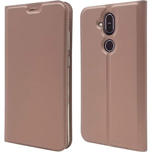 Coque Nokia 8.1, Ultra Mince Portefeuille, Emplacement Carte, Fermeture Magnétique, Clapet Folio Étui, Cuir Pu Et Tpu Bumper, Protection Pour Nokia 8.1 Or Rose