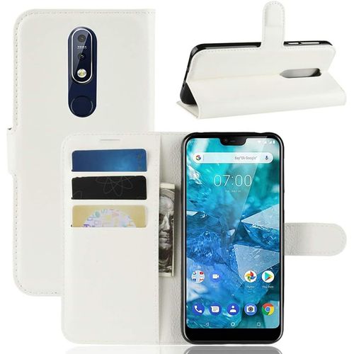 Etui Compatible Avec Nokia 7.1 Portefeuille Folio-Etui Nokia 7.1 Protection Simili Cuir-Housse Nokia 7.1 Wallet Fermeture Magnétique Blanc