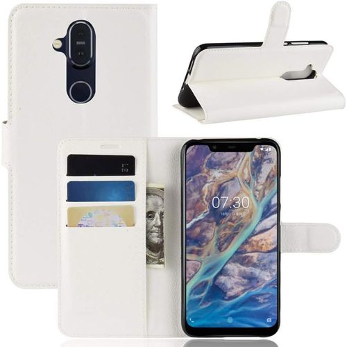 Etui Compatible Avec Nokia 8.1 Portefeuille Folio-Etui Nokia 8.1 Protection Simili Cuir-Housse Nokia 8.1 Wallet Fermeture Magnétique Blanc