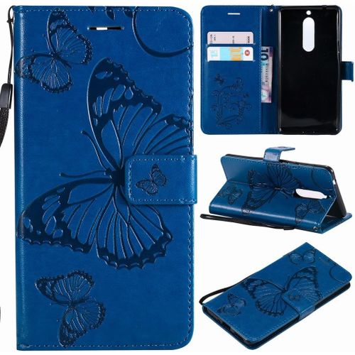 Nokia 5 Etui Housse Pu Cuir Pochette Portefeuille Aimant Protecteur Slim Flip Cover Doux Tpu Silicone Coque Pour Nokia 5 Avec Slot Pour Carte, 3d Papillons Bleu