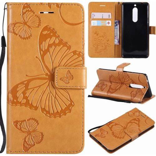 Nokia 5 Etui Housse Pu Cuir Pochette Portefeuille Aimant Protecteur Slim Flip Cover Doux Tpu Silicone Coque Pour Nokia 5 Avec Slot Pour Carte, 3d Papillons Marron