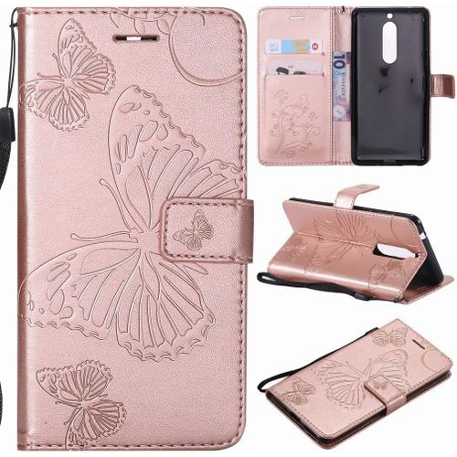 Nokia 5 Etui Housse Pu Cuir Pochette Portefeuille Aimant Protecteur Slim Flip Cover Doux Tpu Silicone Coque Pour Nokia 5 Avec Slot Pour Carte, 3d Papillons Or Rose