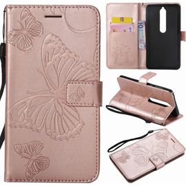 Nokia 6 2018 Etui Housse Pu Cuir Pochette Portefeuille Aimant Protecteur Slim Flip Cover Doux Tpu Silicone Coque Pour Nokia 6 2018 , Avec Slot Pour Carte, 3d Papillons Or Rose