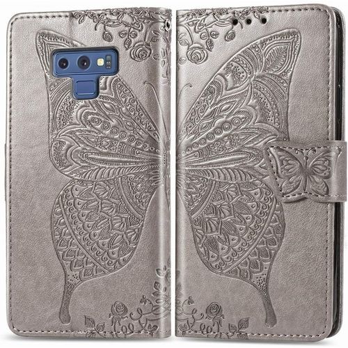 Papillon Coque Pour Samsung Galaxy Note9 / N960f Étui Cuir Avec Doux Silicone Protecteur Portefeuille Magnétique Cover Coque Anti Choc Avec Fente Pour Carte, Housse Etui Galaxy Note 9, Gris