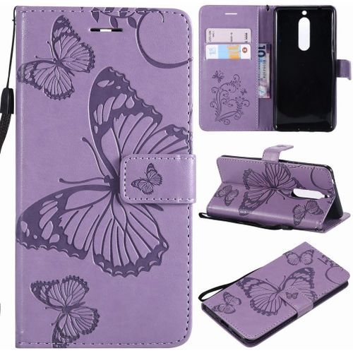 Nokia 5 Etui Housse Pu Cuir Pochette Portefeuille Aimant Protecteur Slim Flip Cover Doux Tpu Silicone Coque Pour Nokia 5 Avec Slot Pour Carte, 3d Papillons Violet
