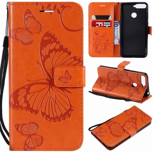 Huawei Honor 7a Etui Housse Pu Cuir Pochette Portefeuille Aimant Protecteur Slim Flip Cover Doux Tpu Silicone Coque Pour Huawei Honor 7a, Avec Slot Pour Carte, 3d Papillons Orange