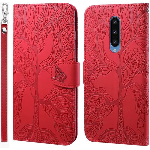 Coque Pour Oneplus 8 Rabat,Relief Arbre De Vie Cuir/Antichoc Flip Cover Case,Housse Clapet,Portefeuille Etui Avec Fonction Support Et Porte-Carte.Rouge