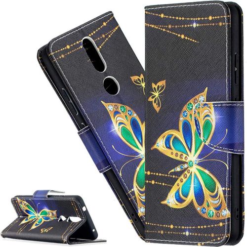 Coque Nokia 2.4portefeuille Etui Housse Pour Nokia 2.4 Coque Antichoc Paillon Fleur Pu Cuir Flip Wallet Étui Coquille Couverture Pour Nokia 2.4bf Big Green Butterfly