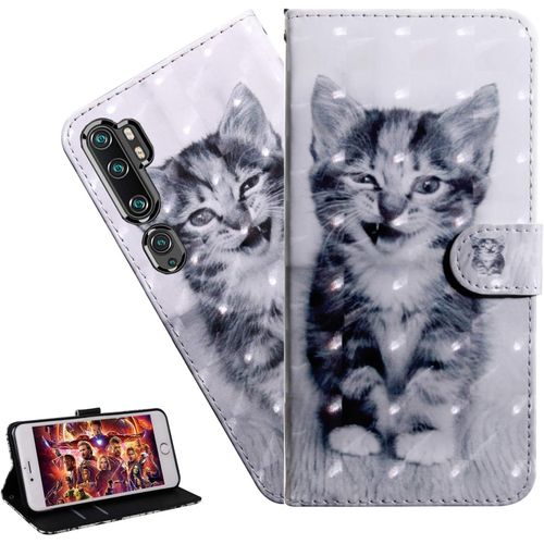 Coque Xiaomi Mi Note 10 Portefeuille Etui Housse Pour Xiaomi Mi Note 10 Pro Coque 3d Bling Paillette Anime Fleur Pu Cuir Flip Wallet Étui Coquille Couverture Bx Little Cat