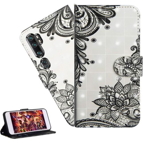 Coque Xiaomi Mi Note 10 Portefeuille Etui Housse Pour Xiaomi Mi Note 10 Pro Coque 3d Bling Paillette Paillon Fleur Pu Cuir Flip Wallet Étui Coquille Couverture Yx Black Flower