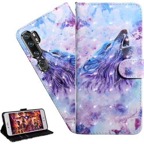 Coque Xiaomi Mi Note 10 Portefeuille Etui Housse Pour Xiaomi Mi Note 10 Pro Coque 3d Bling Paillette Anime Fleur Pu Cuir Flip Wallet Étui Coquille Couverture Bx Purple Wolf