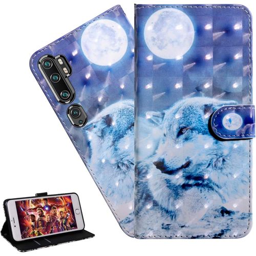 Coque Xiaomi Mi Note 10 Portefeuille Etui Housse Pour Xiaomi Mi Note 10 Pro Coque 3d Bling Paillette Anime Fleur Pu Cuir Flip Wallet Étui Coquille Couverture Bx Moon Wolf