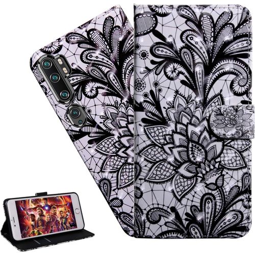 Coque Xiaomi Mi Note 10 Portefeuille Etui Housse Pour Xiaomi Mi Note 10 Pro Coque 3d Bling Paillette Paillon Fleur Pu Cuir Flip Wallet Étui Coquille Couverture Bx Black Flower