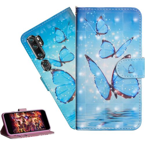 Coque Xiaomi Mi Note 10 Portefeuille Etui Housse Pour Xiaomi Mi Note 10 Pro Coque 3d Bling Paillette Paillon Fleur Pu Cuir Flip Wallet Étui Coquille Couverture Yx Blue Butterfly