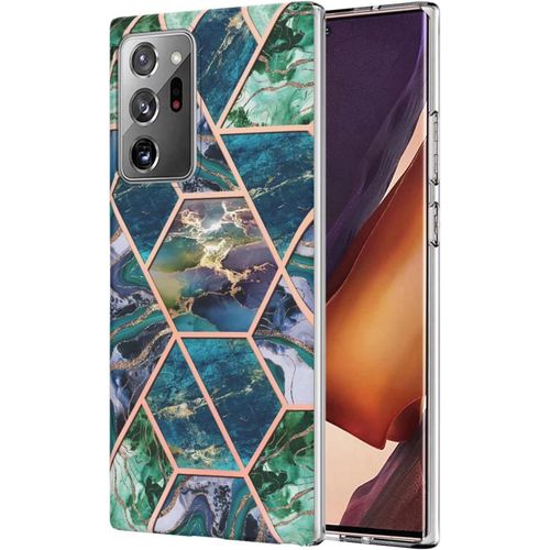 Pour Coque Samsung Galaxy Note20 Ultra Placage Double Face Imd Splicing Marble Protecteur D'écran Gratuit Dur Tpu Silicone Bumper Antichoc Étui-Bleu-Vert