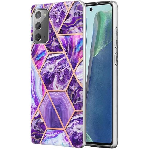 Pour Coque Samsung Galaxy Note20 Placage Double Face Imd Splicing Marble Protecteur D'écran Gratuit Dur Tpu Silicone Bumper Antichoc Étui-Violet-Foncé