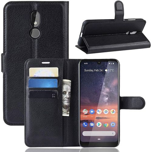 Étui Pour Nokia 3.2 6 26 Pouces Pu Cuir Housse Flip Coque Litchi Motif Avec Built Stand Et Magnétique Fermeture Carte Slot Portefeuille Shell De Protection Noir