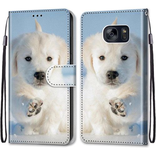 Coque Pour Samsung Galaxy S7, Premium Étui Housse En Cuir De Protection Avec Emplacements Cartes Fonction De Support Magnetique , Housse Etui Coque Pour Samsung Galaxy S7 Chien