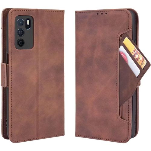 Housse Folio En Cuir Pour Oppo A54s/Oppo A16/Oppo A16s Coque Premium Pu/Tpu Flip Étui Portefeuille Avec Fentes Pour Cartes/Magnétique Antichoc Protection Etui Case Cover Brun