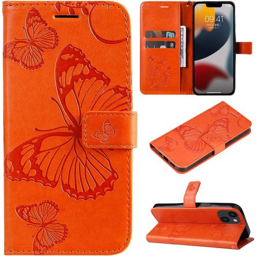 Étui Pour Apple Iphone 14 Plus 6 7 Pouces Pu Cuir Couverture Magnétique Housse Conception En Relief De Papillon Stent Fonction Flip Cuir Orange