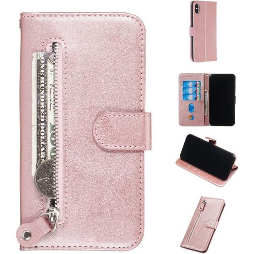 Étui Pour Apple Iphone Xs Max 6 5 Pouces Pu Cuir Couverture Magnétique Portefeuille Protection Housse Stent Fonction Flip Cuir Pour Iphone Xs Max Fermeture Éclair Or Rose