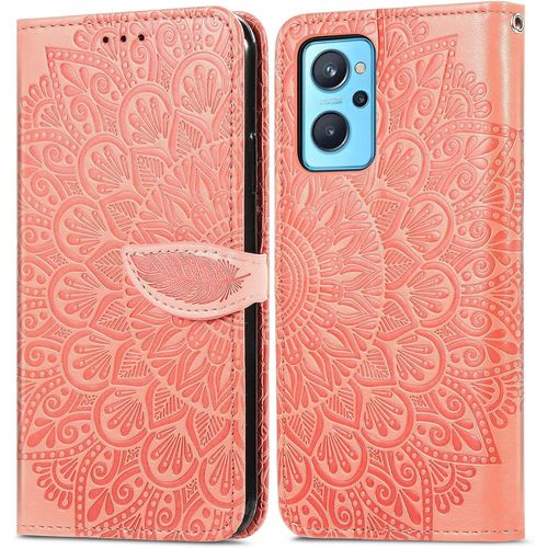 Pour Realme 9i Etui Cuir Pu Portefeuille Coque Mandala Fleur Relief Couverture Case Pour Realme 9i Shockproof Phone Cover Housse De Protection Étui Pour Realme 9i,Orange