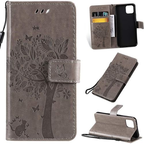 Étui Pour Google Pixel 4 5 7 Pouces Pu Cuir Couverture Magnétique Housse Motif De Chat Et D'arbre Stent Fonction Coque Flip Gris