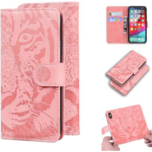 Étui Pour Apple Iphone Xs Max 6 5 Pouces Pu Magnétique Pochette Cuir Housse Tigre Impression Rabattable Case Stent Fonction Rose