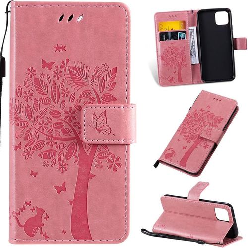 Étui Pour Google Pixel 4 5 7 Pouces Pu Cuir Couverture Magnétique Housse Motif De Chat Et D'arbre Stent Fonction Coque Flip Rose Carmin