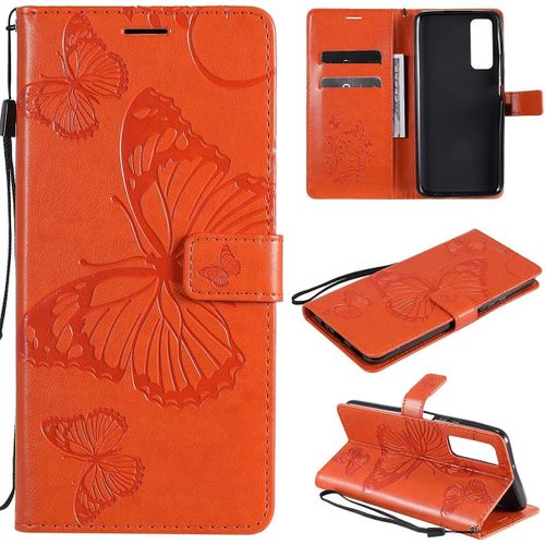 Étui Pour Huawei P Smart 2021/Huawei Y7a 6 67 Pouces Pu Cuir Couverture Magnétique Housse Conception En Relief De Papillon Stent Fonction Flip Cuir Orange