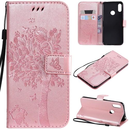 Étui Pour Huawei Y6 Pro 2019 / Huawei Y6 2019 / Honor 8a 6,09 Pouces Pu Cuir Couverture Magnétique Housse Motif De Chat Et D'arbre Stent Fonction Coque Flip Étui Or Rose