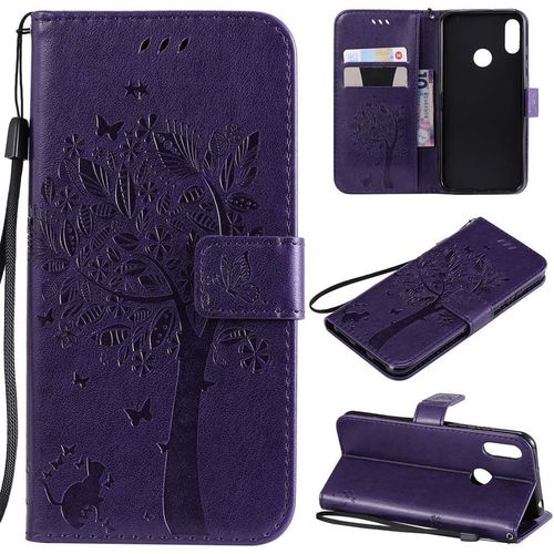 Étui Pour Huawei Y6 Pro 2019 / Huawei Y6 2019 / Honor 8a 6,09 Pouces Pu Cuir Couverture Magnétique Housse Motif De Chat Et D'arbre Stent Fonction Coque Flip Étui Purple