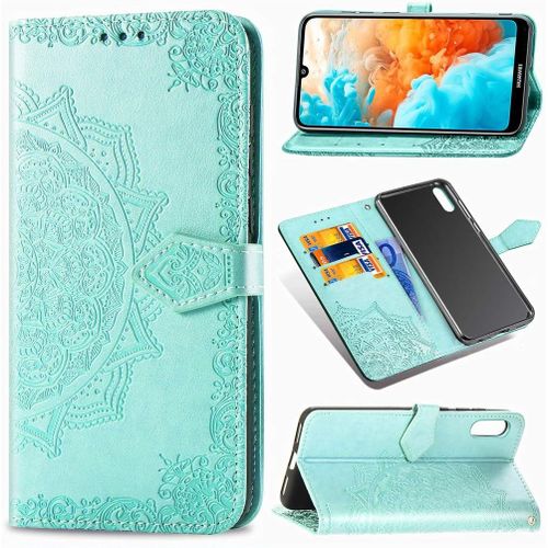 Étui Pour Huawei Y6 Pro 2019 6 09 Pouces Pu Magnétique Pochette Cuir Housse Charmant Mandala Gaufrage Design Stent Fonction Rabattable Pour Huawei Y6 Pro 2019 Vert