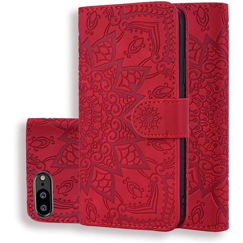 Étui Pour Huawei Y6 Pro 2018 5,7 Pouces Pu Cuir Couverture Magnétique Portefeuille Protection Housse Motif Mandala Stent Fonction Flip Cuir Pour Huawei Y6 Pro 2018 Rouge