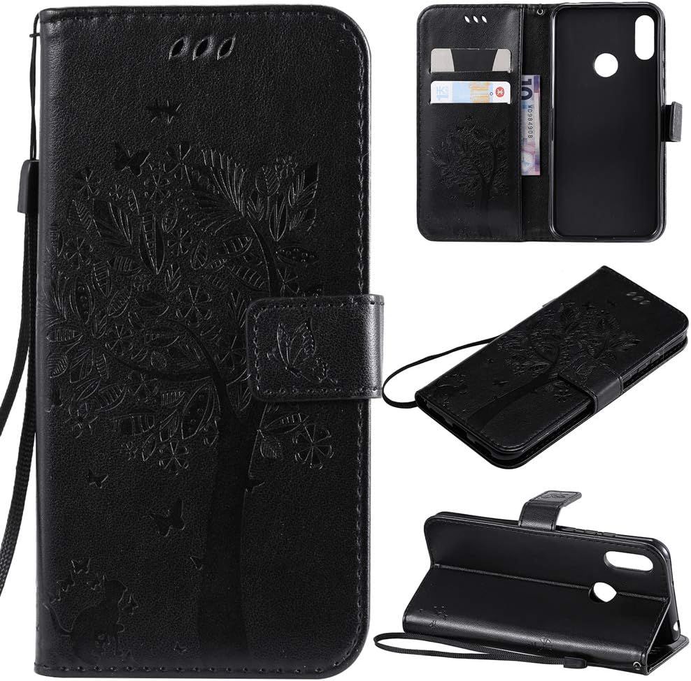 Étui Pour Huawei Y6 Pro 2019 / Huawei Y6 2019 / Honor 8a 6,09 Pouces Pu Cuir Couverture Magnétique Housse Motif De Chat Et D'arbre Stent Fonction Coque Flip Étui Noir