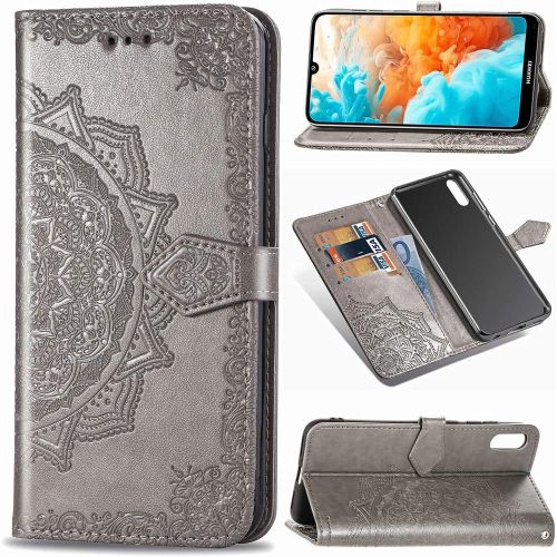Étui Pour Huawei Y6 Pro 2019 6 09 Pouces Pu Magnétique Pochette Cuir Housse Charmant Mandala Gaufrage Design Stent Fonction Rabattable Pour Huawei Y6 Pro 2019 Gris