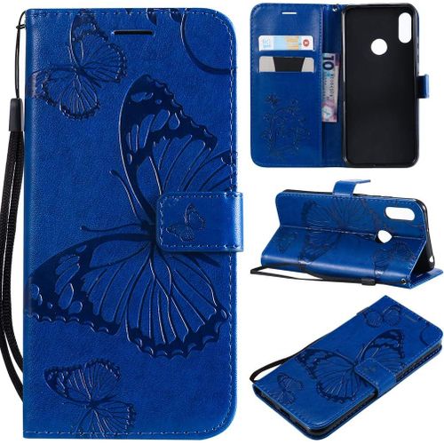 Étui Pour Huawei Y6 Pro 2019/Huawei Y6 2019/Honor 8a 6 09 Pouces Pu Cuir Couverture Magnétique Housse Conception En Relief De Papillon Stent Fonction Flip Cuir Bleu
