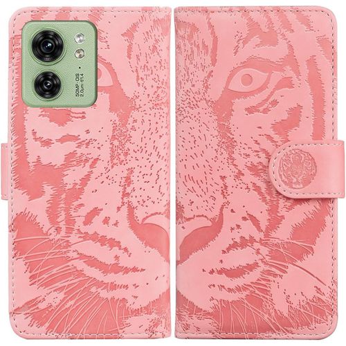 Étui Pour Motorola Edge 40 6,55 Pouces Pu Magnétique Pochette Cuir Housse Tigre Impression Rabattable Case Stent Fonction Cover Rose