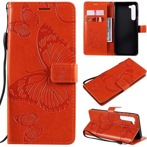 Étui Pour Motorola Edge 6 7 Pouces Pu Cuir Couverture Magnétique Housse Conception En Relief De Papillon Stent Fonction Flip Cuir Orange