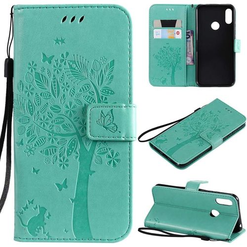 Étui Pour Huawei Y6 Pro 2019/Huawei Y6 2019/Honor 8a 6 09 Pouces Pu Cuir Couverture Magnétique Housse Motif De Chat Et D'arbre Stent Fonction Coque Flip Étui Vert