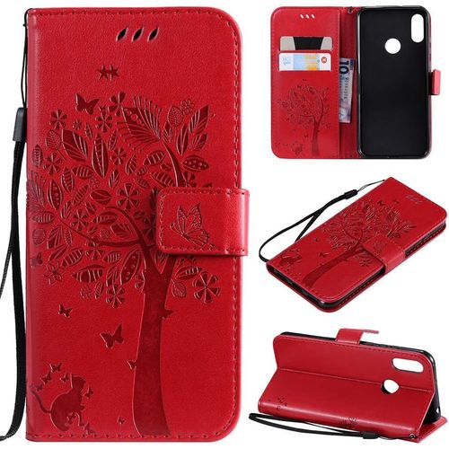 Étui Pour Huawei Y6 Pro 2019/Huawei Y6 2019/Honor 8a 6 09 Pouces Pu Cuir Couverture Magnétique Housse Motif De Chat Et D'arbre Stent Fonction Coque Flip Étui Rouge