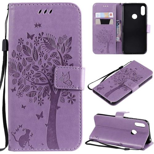 Étui Pour Huawei Y6 Pro 2019/Huawei Y6 2019/Honor 8a 6 09 Pouces Pu Cuir Couverture Magnétique Housse Motif De Chat Et D'arbre Stent Fonction Coque Flip Étui Lavande