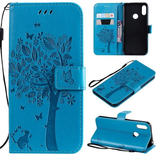 Étui Pour Huawei Y6 Pro 2019/Huawei Y6 2019/Honor 8a 6 09 Pouces Pu Cuir Couverture Magnétique Housse Motif De Chat Et D'arbre Stent Fonction Coque Flip Étui Bleu