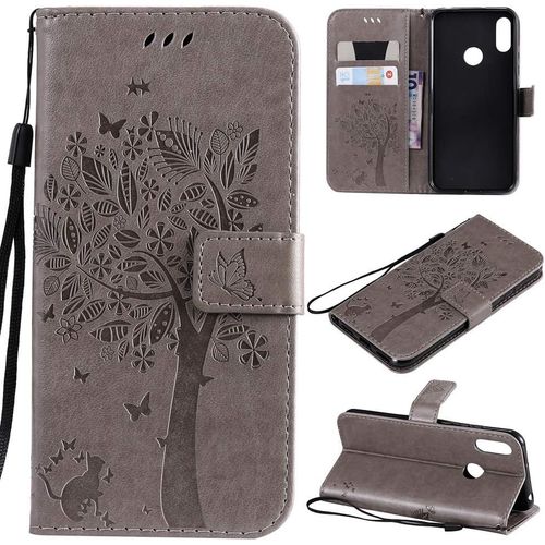 Étui Pour Huawei Y6 Pro 2019/Huawei Y6 2019/Honor 8a 6 09 Pouces Pu Cuir Couverture Magnétique Housse Motif De Chat Et D'arbre Stent Fonction Coque Flip Étui Gris