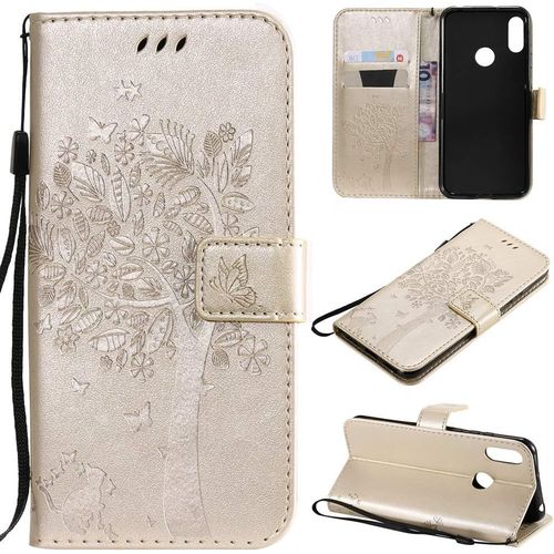 Étui Pour Huawei Y6 Pro 2019/Huawei Y6 2019/Honor 8a 6 09 Pouces Pu Cuir Couverture Magnétique Housse Motif De Chat Et D'arbre Stent Fonction Coque Flip Étui Or