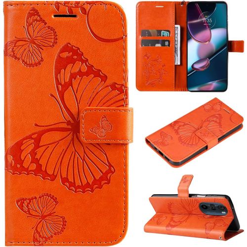 Étui Pour Motorola Edge X30 6 7 Pouces Pu Cuir Couverture Magnétique Housse Conception En Relief De Papillon Stent Fonction Flip Cuir Orange