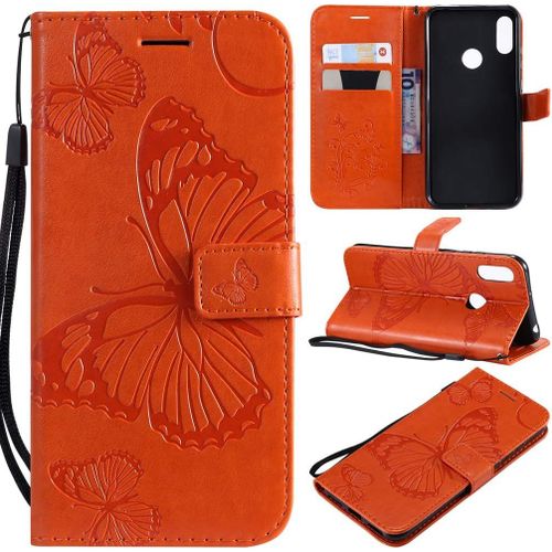 Étui Pour Huawei Y6 Pro 2019/Huawei Y6 2019/Honor 8a 6 09 Pouces Pu Cuir Couverture Magnétique Housse Conception En Relief De Papillon Stent Fonction Flip Cuir Orange