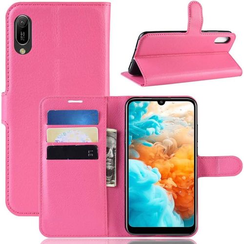 Étui Pour Huawei Y6 Pro/Y6 Prime 2019 6 09 Pouces Pu Cuir Couverture Magnétique Portefeuille Protection Housse Motif Litchi Stent Fonction Flip Cuir Rose Rouge